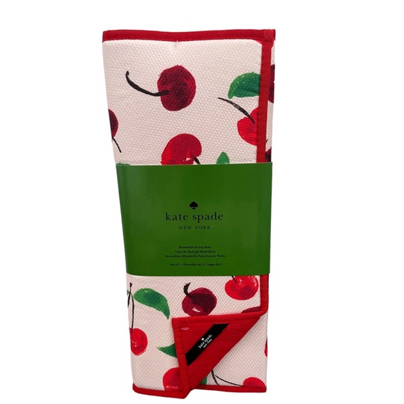 Kate Spade CHERRY Kitchen Dish Drying Mats 2pk Reversible Pink & Red 16x22 New - Picture 6 of 11